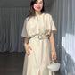 Elegant round neck dress with high waist and slit (with belt)