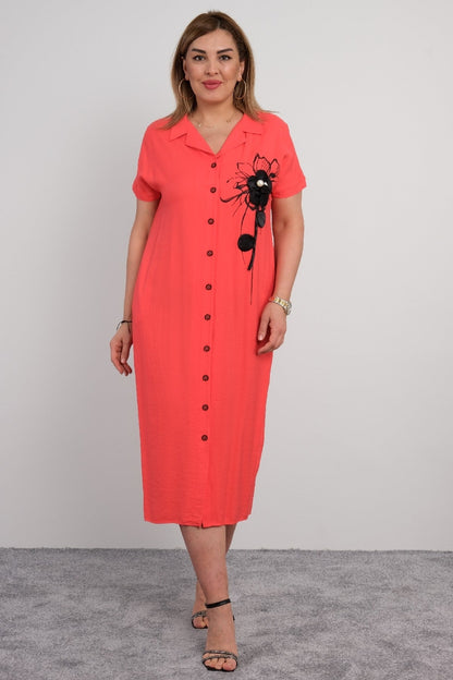 BIG SIZE WOMEN'S CASUAL SHIRT DRESS WITH FLOWER DETAIL