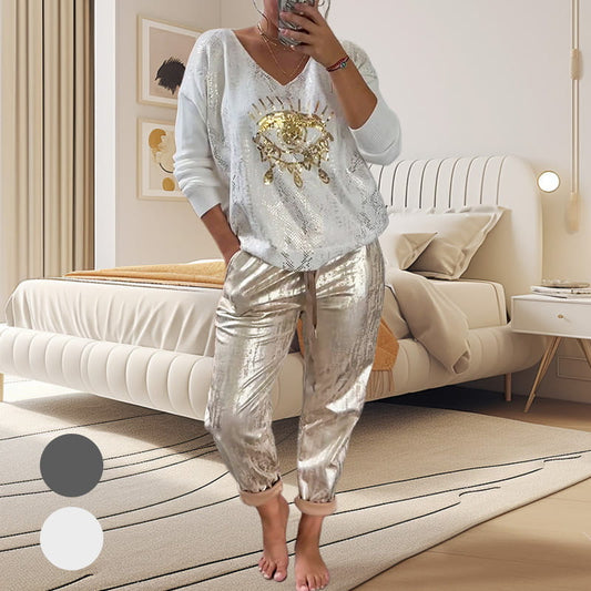 💝Devil's Eye Gold Foil Top and Sequin Pants Set