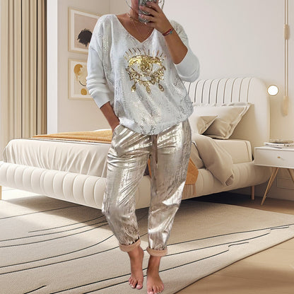 💝Devil's Eye Gold Foil Top and Sequin Pants Set