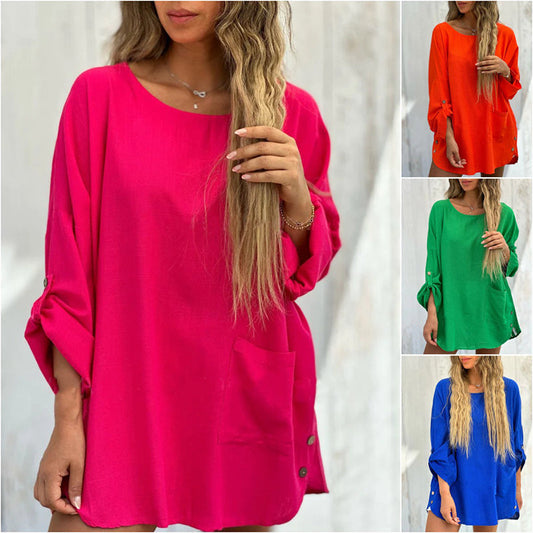 💕Limited Time Offer 50% OFF🌹Women's Solid Color Loose Tops with Roll-Up Sleeves