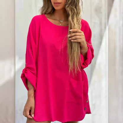 💕Limited Time Offer 50% OFF🌹Women's Solid Color Loose Tops with Roll-Up Sleeves