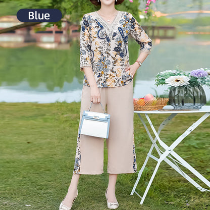 Summer Casual Printed V-Neck Two-Piece Suit