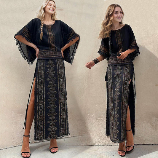 Women’s Vintage Tassel Ethnic Print 2-Piece Set