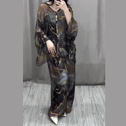 💃Women 2 Piece Outfits Elegant Printed Top Loose Wide Leg Pants