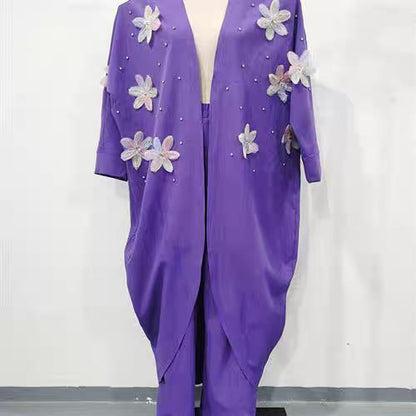 Women’s Casual Delicate Flower Long Cardigan and Pants Set