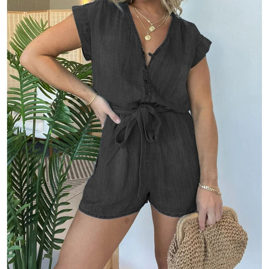 💥Women’s V-Neck Short-Sleeved Jumpsuit with Waistband