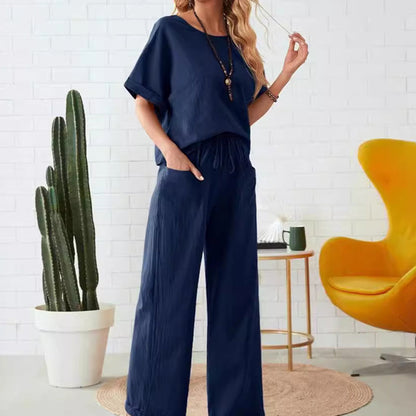 Solid Color Casual Top & Drawstring Pants 2-Piece Set