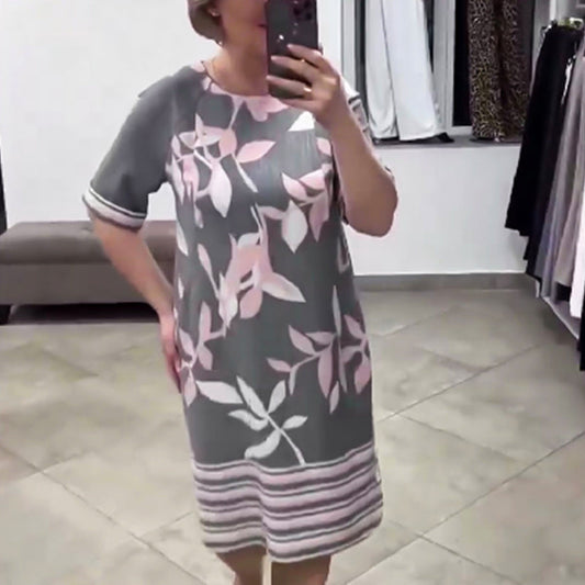 🔥Hot sale🔥Printed Round Neck Elbow-Length Sleeve Midi Dress