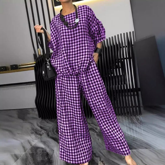 Plaid Top & Wide-Leg Pants 2-Piece Set