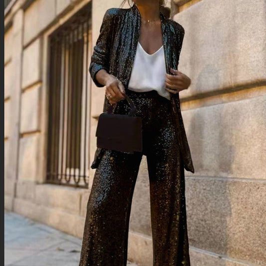 Sequin Open Front Top Wide Leg Pants Set