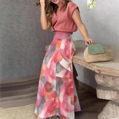 🔥Women’s Elegant Casual Lapel V-neck Top and Skirt 2-piece Set