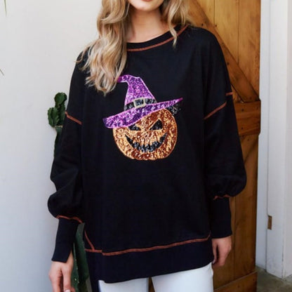 Chic Women's Glittering Pumpkin Wizard Halloween Sweatshirt