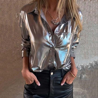 Women's Shimmer Metallic Leather Button-Up Shirt