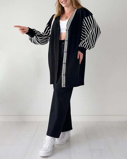 🌷Limited Time 50% OFF💞Balloon Sleeve Striped Knitwear Cardigan & Pants Two-piece Set