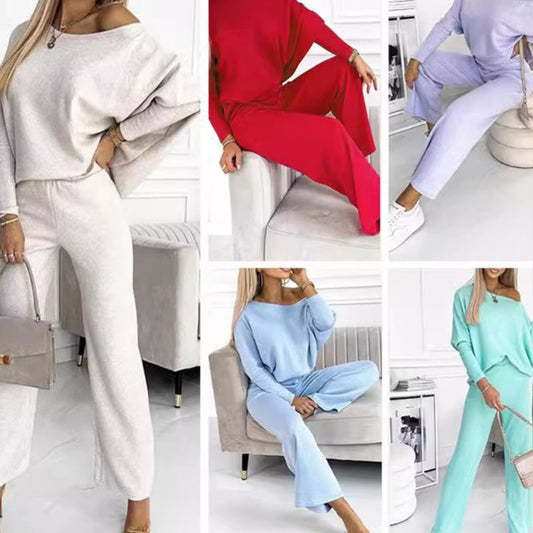 🍁 New Releases🍁Women's Solid Color Drop Shoulder Pullover and Loose Pants Set