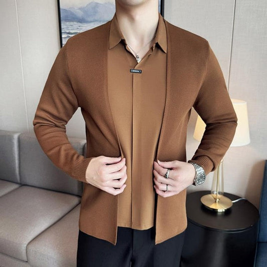 Men's Faux Two-Piece Knit Cardigan Shirt 👔| Stylish Seamless V-Neck Sweater Jacket ✨🛒