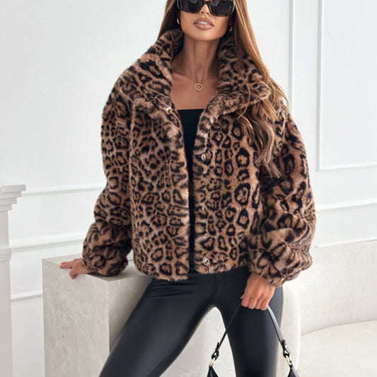 Women’s Fluffy Short Coat with Leopard Print