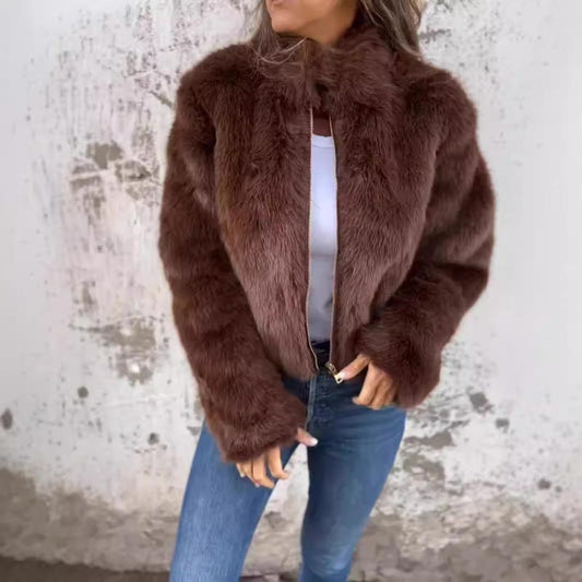 Women's High-neck Faux Fur Zipper Casual Jacket