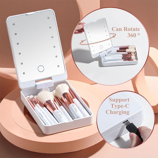 Travel Makeup Brush Set with LED Light Mirror